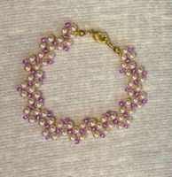 Handmade Bracelet with Faux Pearls – White & Purple – 18 cm