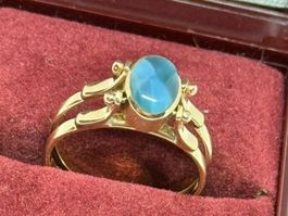 Goldring 14k mit blauem Topaz & braunem Stein Unikat
