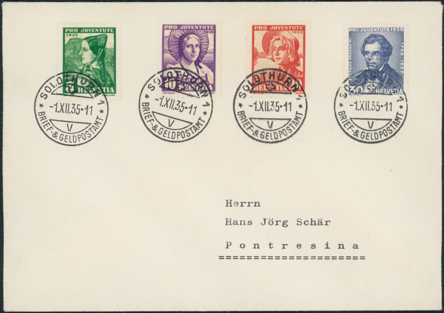 Alle Briefmarken: 1935 - Pro Juventute - Ersttagsbrief FDC ET - Solothurn SOS – Gebraucht aus Schindellegi von leecollect