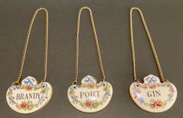 3 GIN BRANDY PORT Vintage Porzellan Flaschenanhänger England