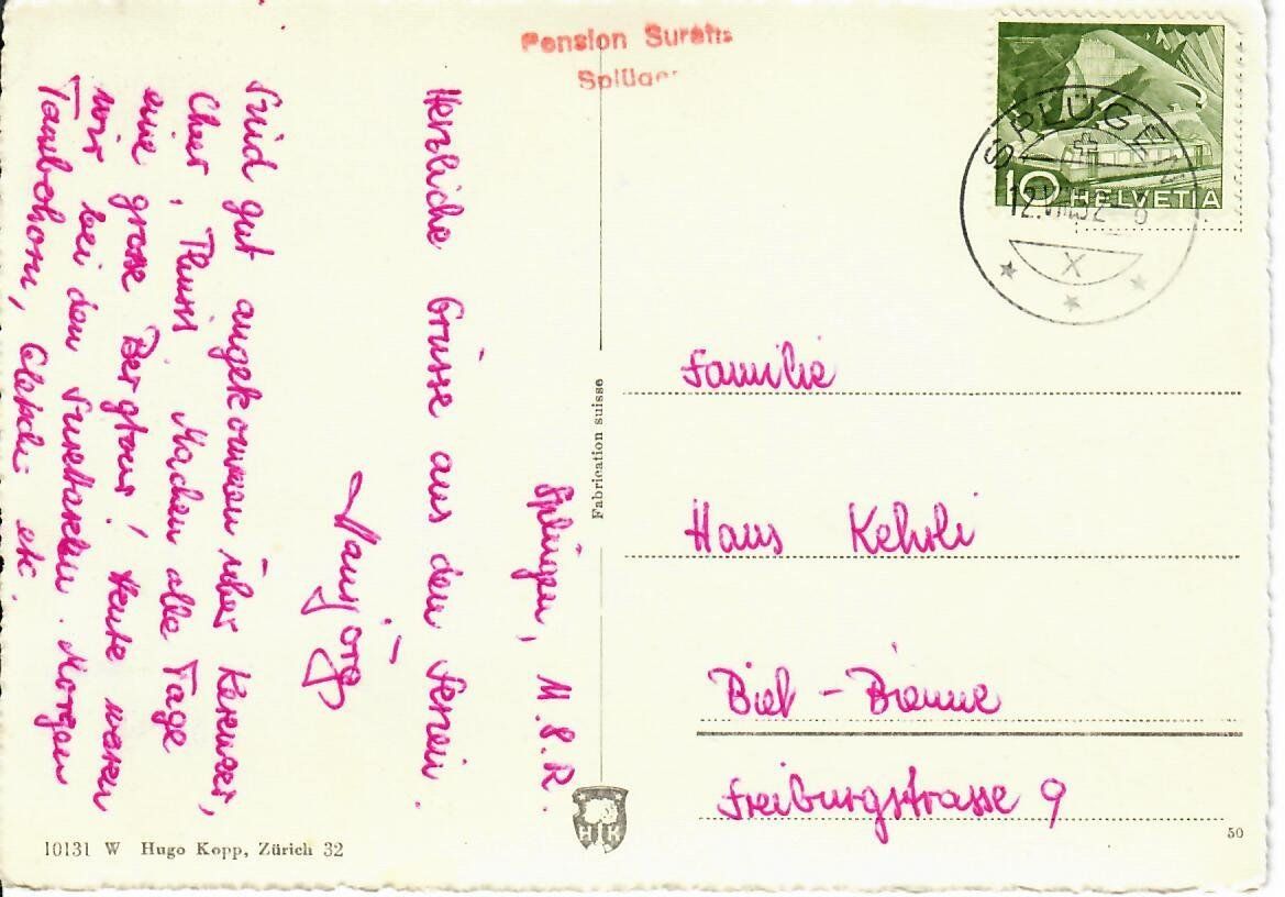 Cartoline postali: Splügen  1952 – Usato da Hochdorf venduto da Ziegel-16 1