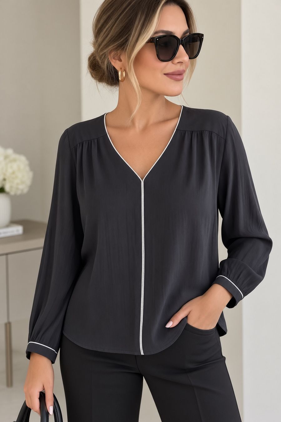S.Oliver Camicette: s.Oliver Bluse dunkelgrau Gr. 42 elegant & schick – Usato da Winterthur venduto da -BeHappy24-
