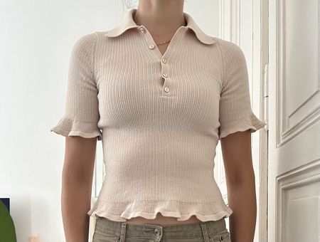 Ribbed Polo Shirt Beige Short Sleeves Like New