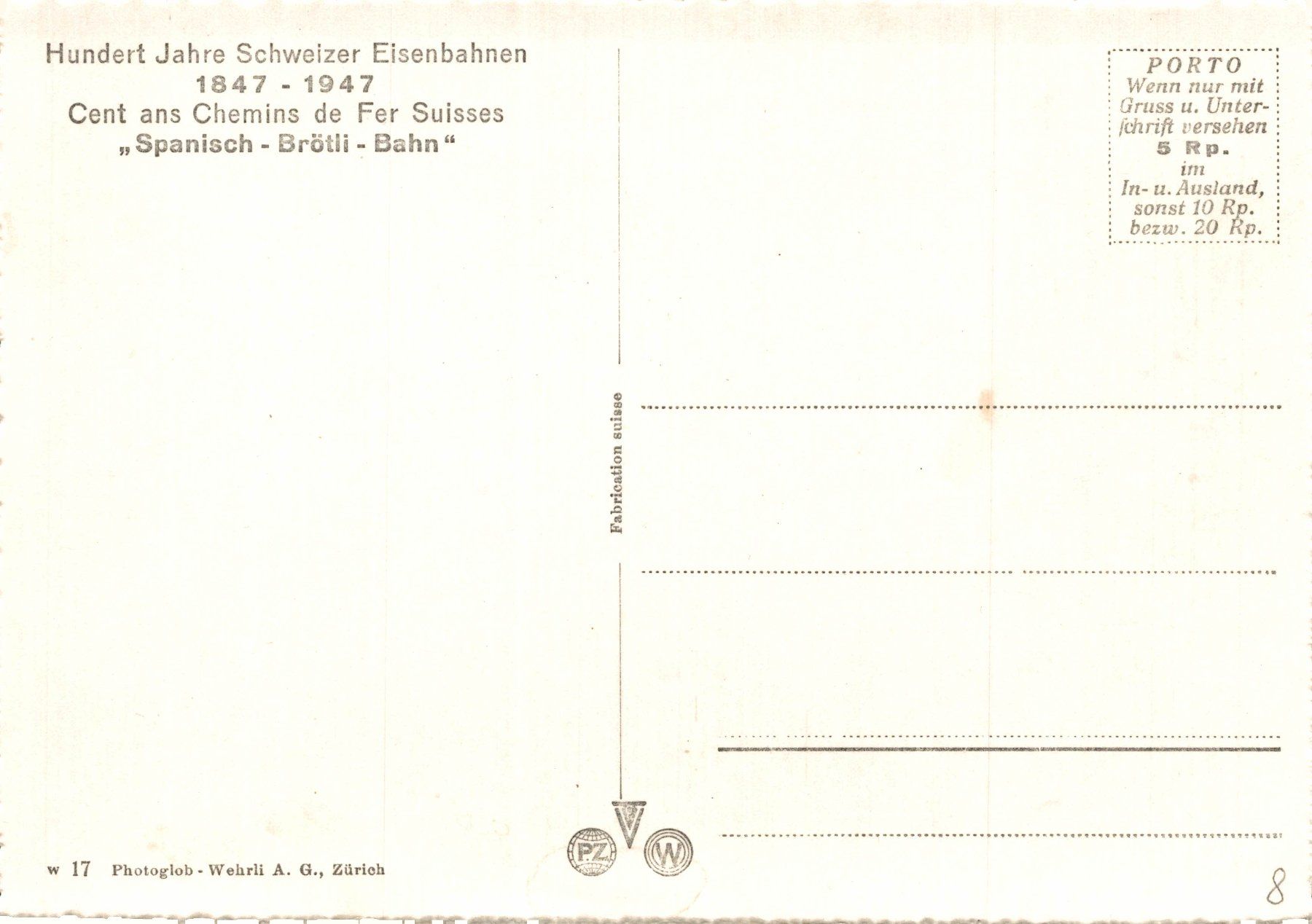 Cartoline postali: 100 Jahrfeier "Spanisch Brötli Bahn", 1947 – Usato da Bronschhofen venduto da Astore 1