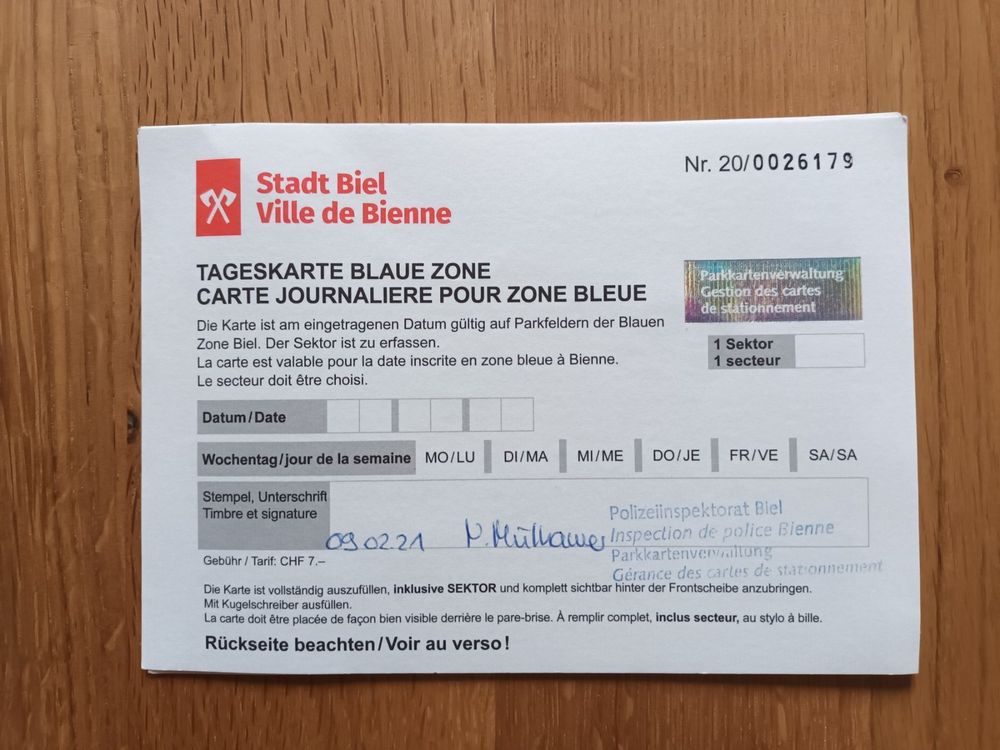 3 TagesParkKarten Blaue Zone für Stadt Biel (Sektor 1) Kaufen auf