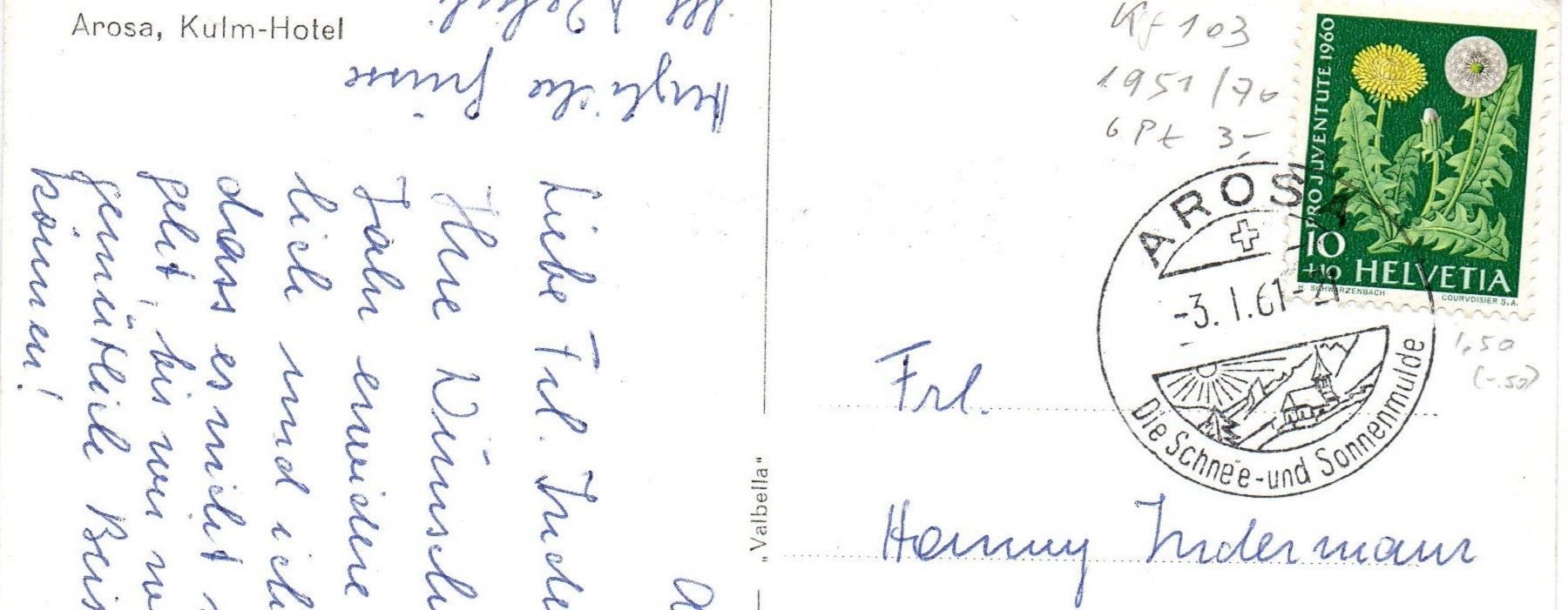 Cartoline postali: AROSA Kulm-Hotel - Skifahrer – Usato da Jona venduto da philajona 1
