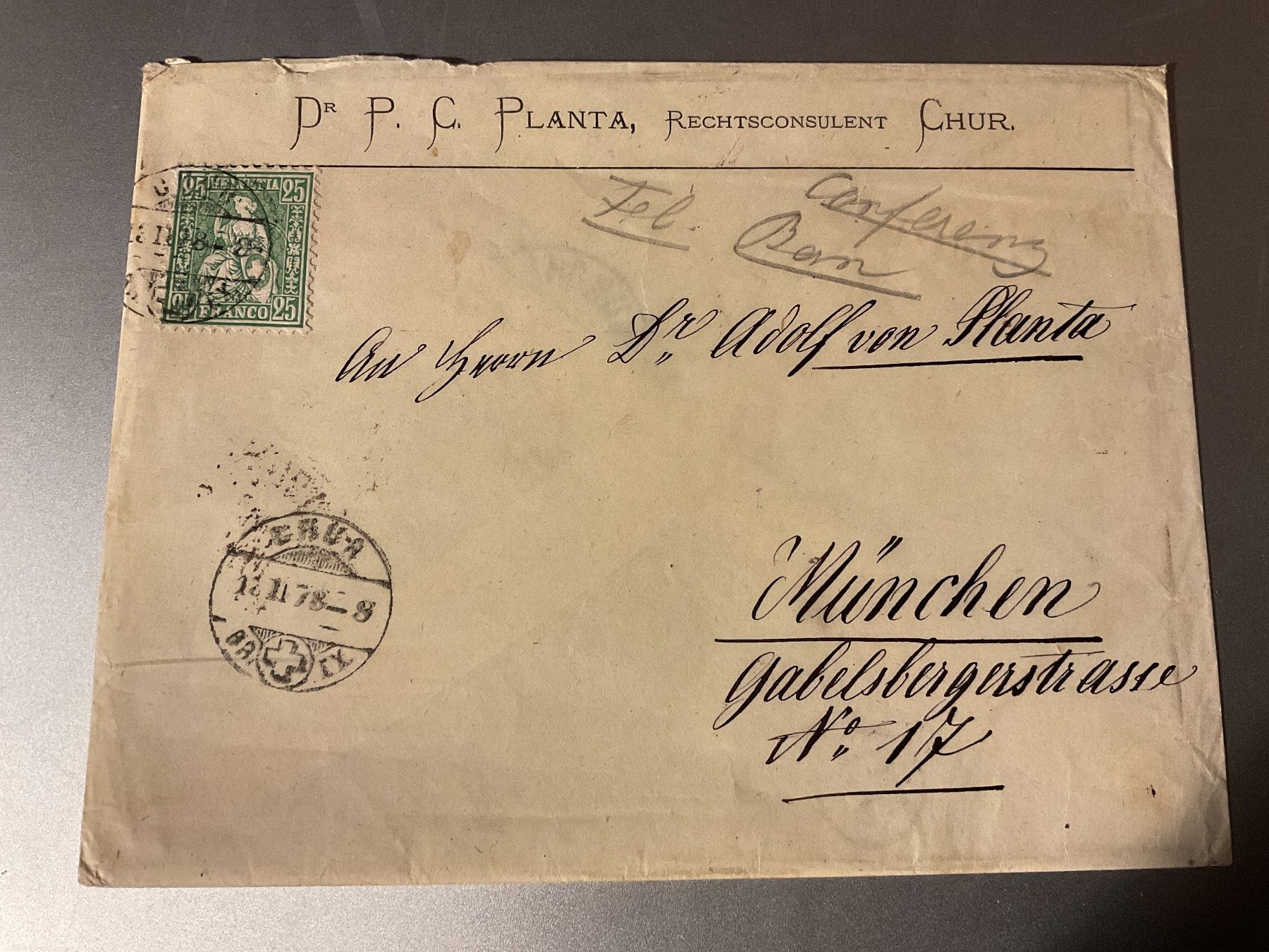 Alle Briefmarken: 1878 Anwaltsbrief von Chur - München Ankunftstempel – Gebraucht aus Rheinfelden von iamello