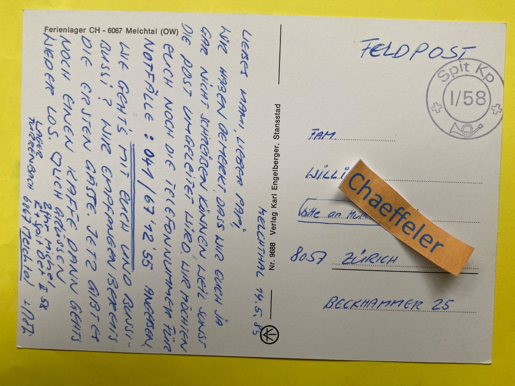 Cartoline postali: 1985 Ferienlager Melchtal  Feldpost – Usato da Zürich venduto da Chaeffeler 1