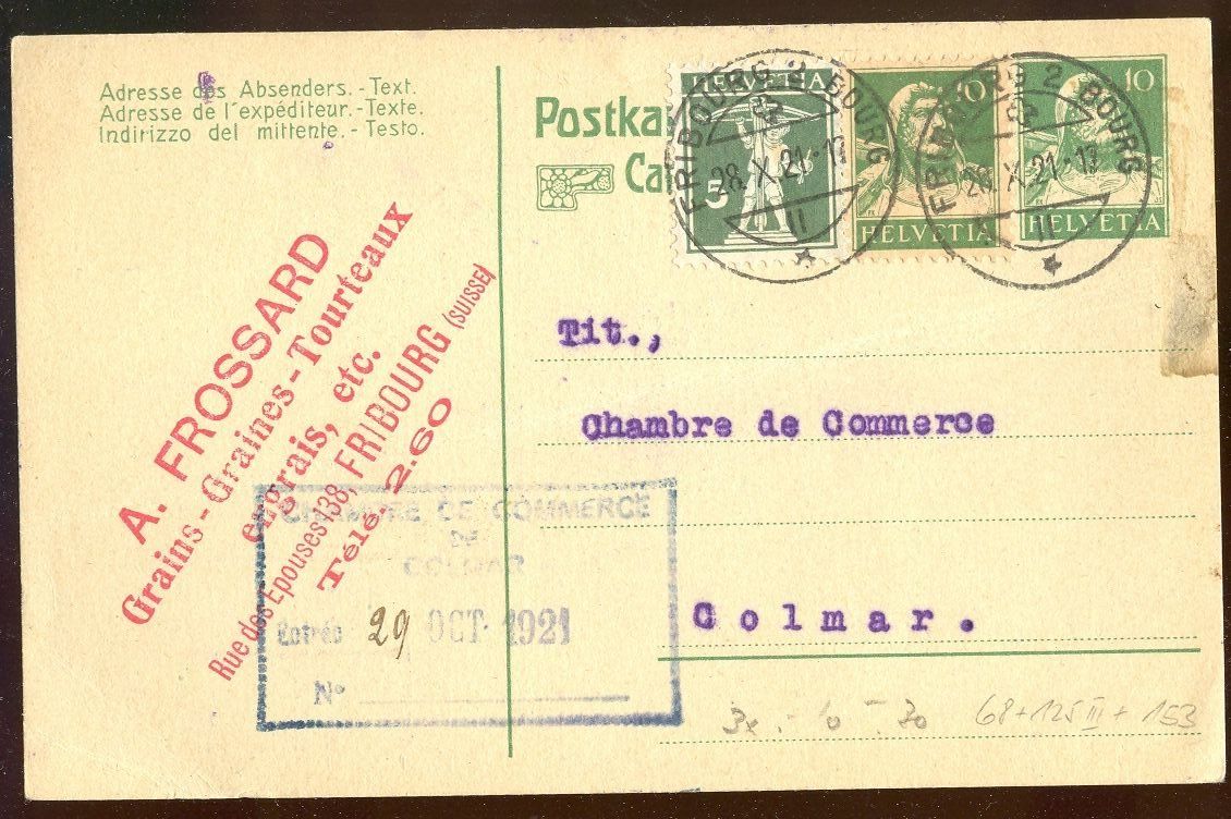 Tutti i francobolli: Entier postal , Fribourg 28.10.1921 – Usato da Montenol venduto da Vernier2