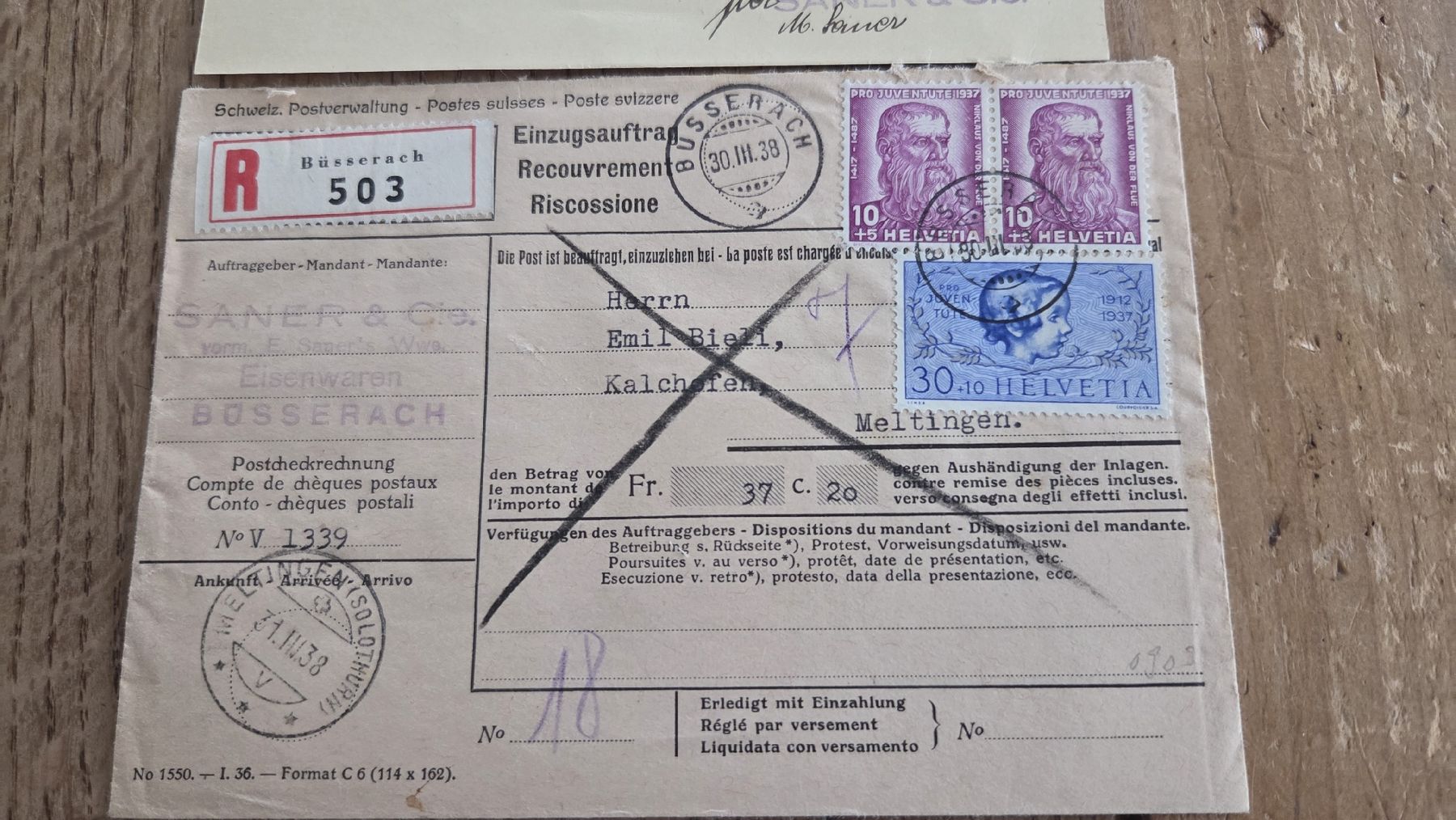 Tutti i francobolli: 1938 Einzugsmandat Pro Juventute mit Inhalt – Usato da Arni AG venduto da Moth68 1