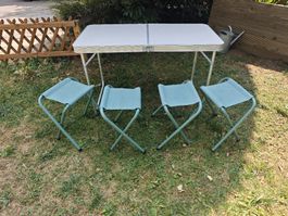 Klapptisch kompakt mit 4 Hockern, Camping, Aluminium, 120x60