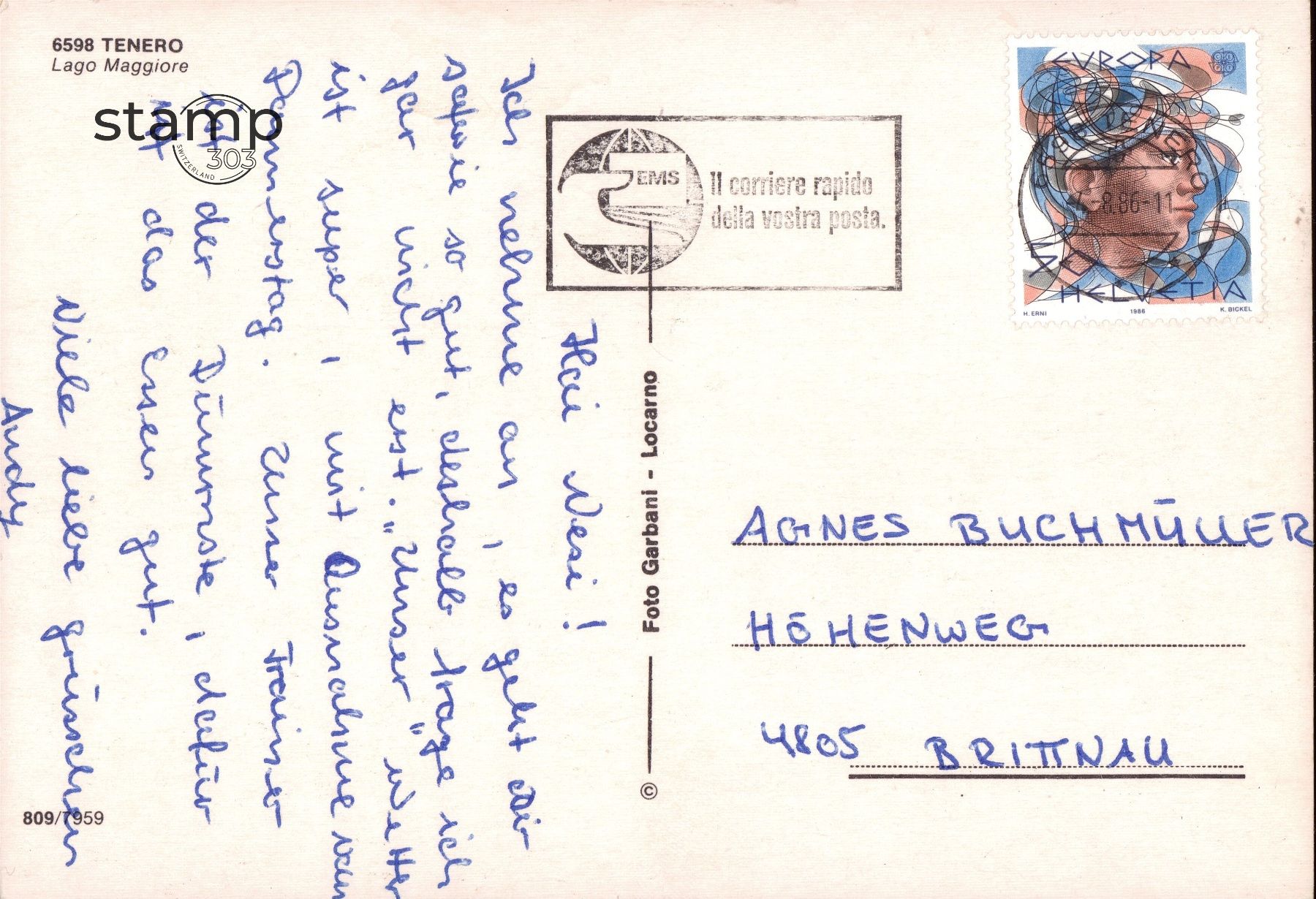 Cartoline postali: 1986 AK Tenero _ Lago Maggiore – Usato da Eggersriet venduto da stamp303 1
