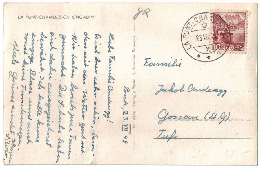 Cartoline postali: La Punt-Chamues-ch, gelaufen 1948 – Usato da Frauenfeld venduto da POML 1