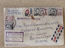 Briefumschlag registered air mail USA-Schweiz 1963
