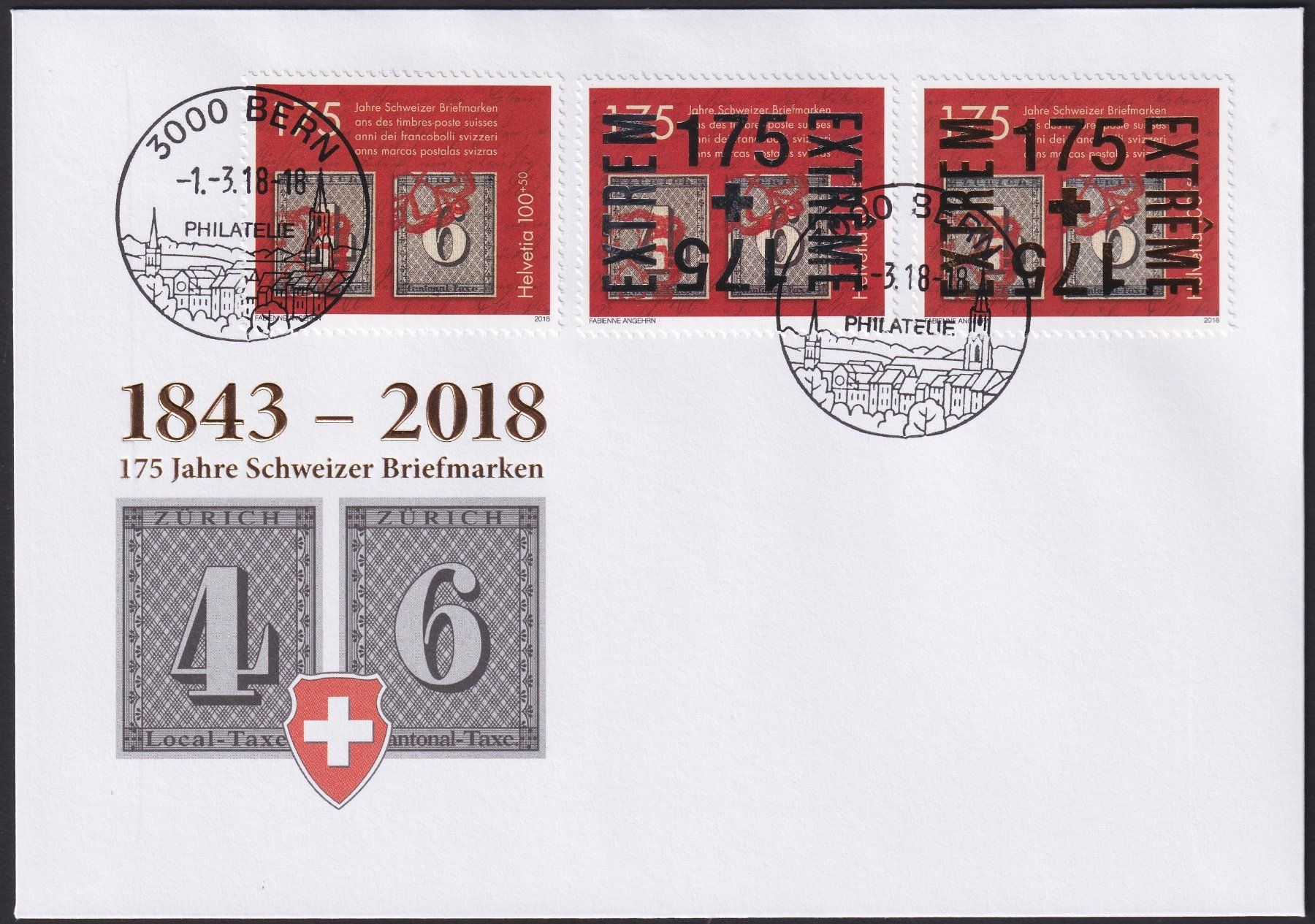 Tutti i francobolli: 2018, EXTREM BERN, FDC mit GOLD & SILBER +Normal - Aufdruck! – Usato da Sursee venduto da Luzernerraute