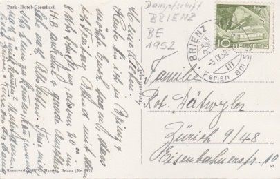 Cartoline postali: Park-Hotel Giessbach mit Dampfschiff " BRIENZ " 1952 – Usato da Schlieren venduto da Rapaelli 1
