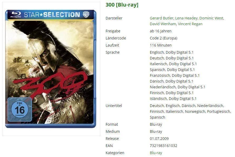 Tutti i DVDs: 300 [Blu-ray] – Usato da Buchrain venduto da Sssschaller
