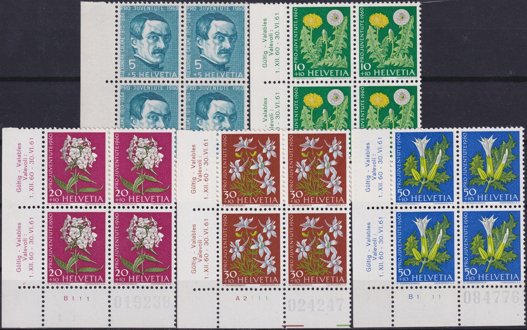Tutti i francobolli: 1960, PJ: J183-J187 Viererblöcke postfrisch ** mit ECK-TABS. – Usato da Sursee venduto da Luzernerraute