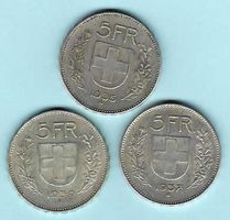 1935,1937+1939 Lot 3x 5 Franken Silber, ss-vorz. (15796)