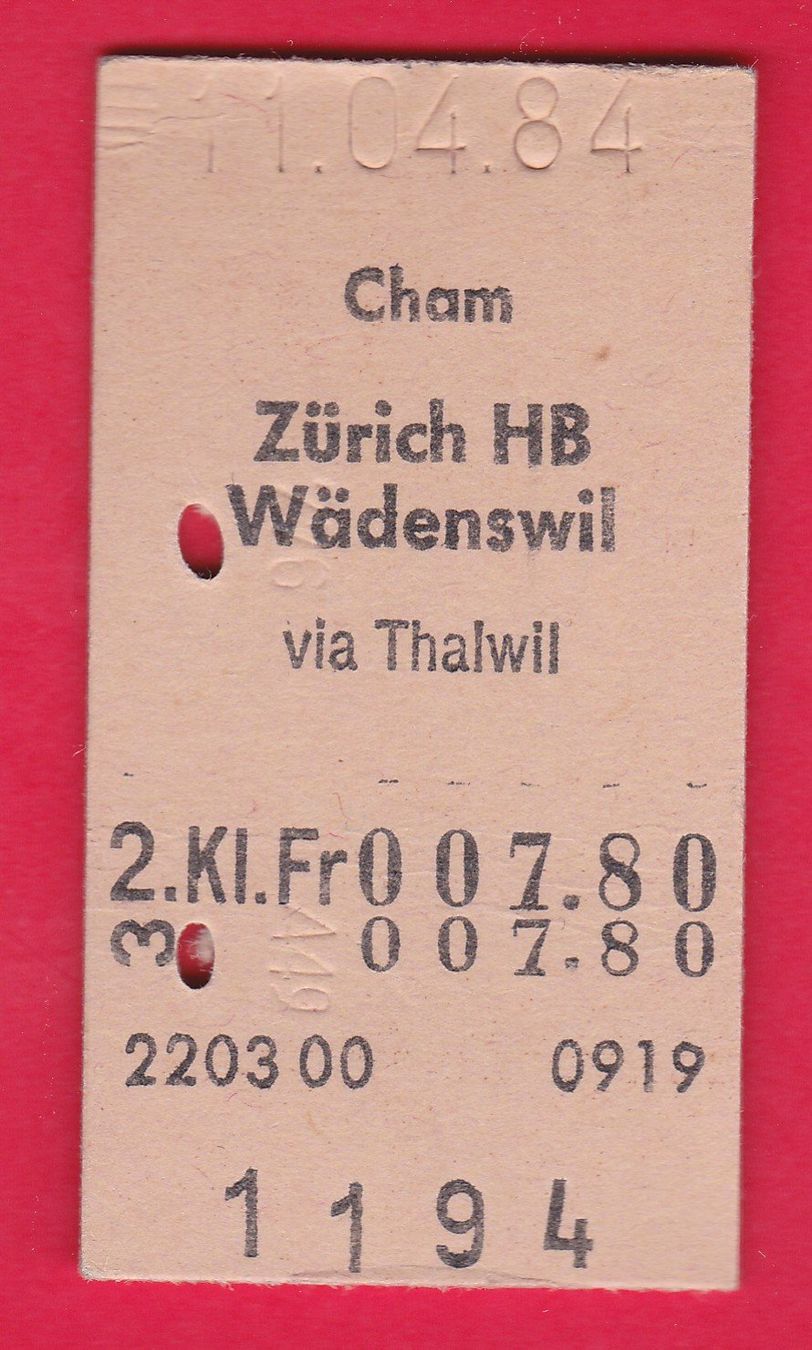 Biglietti: KARTON BILLETT, CHAM - WÄDENSWIL, 2.KLASSE, EINFACH, 1984 – Usato da Oberrieden venduto da Gebirgsstelze