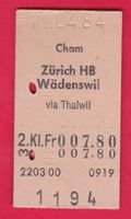 KARTON BILLETT, CHAM - WÄDENSWIL, 2.KLASSE, EINFACH, 1984