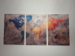 World Map Canvas Art Set 3 Piece Textured Multi-Colour
