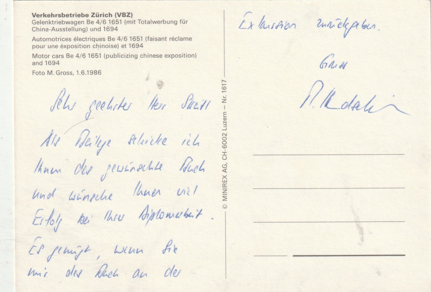 Cartoline postali: Tram Zürich um 1986 – Usato da Lumbrein venduto da made02 1