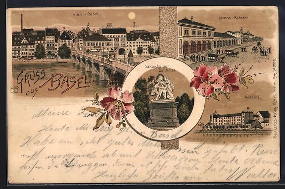 Cartoline postali: Litho Basel, Central-Bahnhof, Kaserne, S – Usato da Berlin venduto da bartko-reher