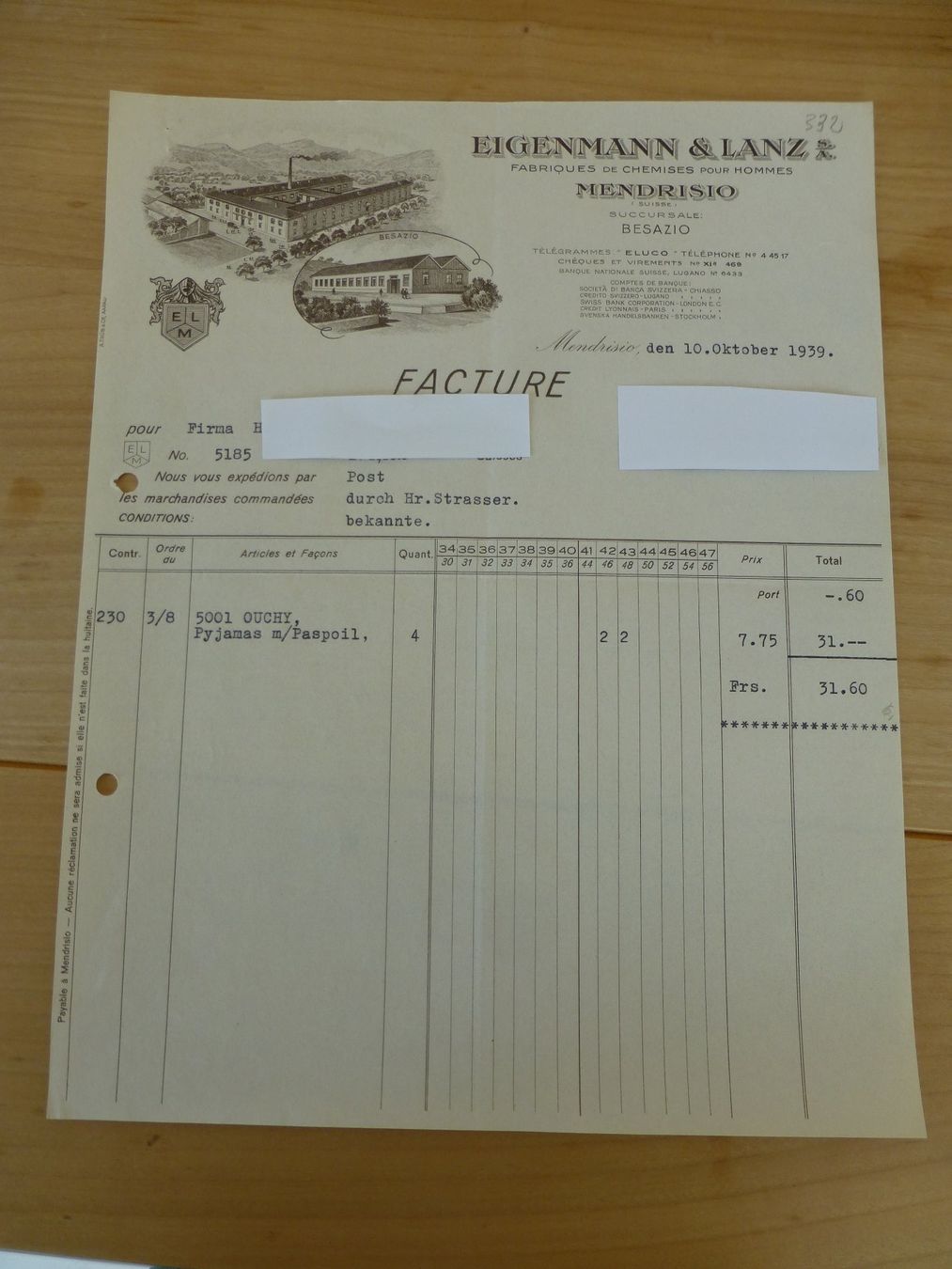 Poster & Bilder: Mendrisio, Eigenmann & Lanz Kleiderfabrik, 1939 – Gebraucht aus Bettlach von 1saurer