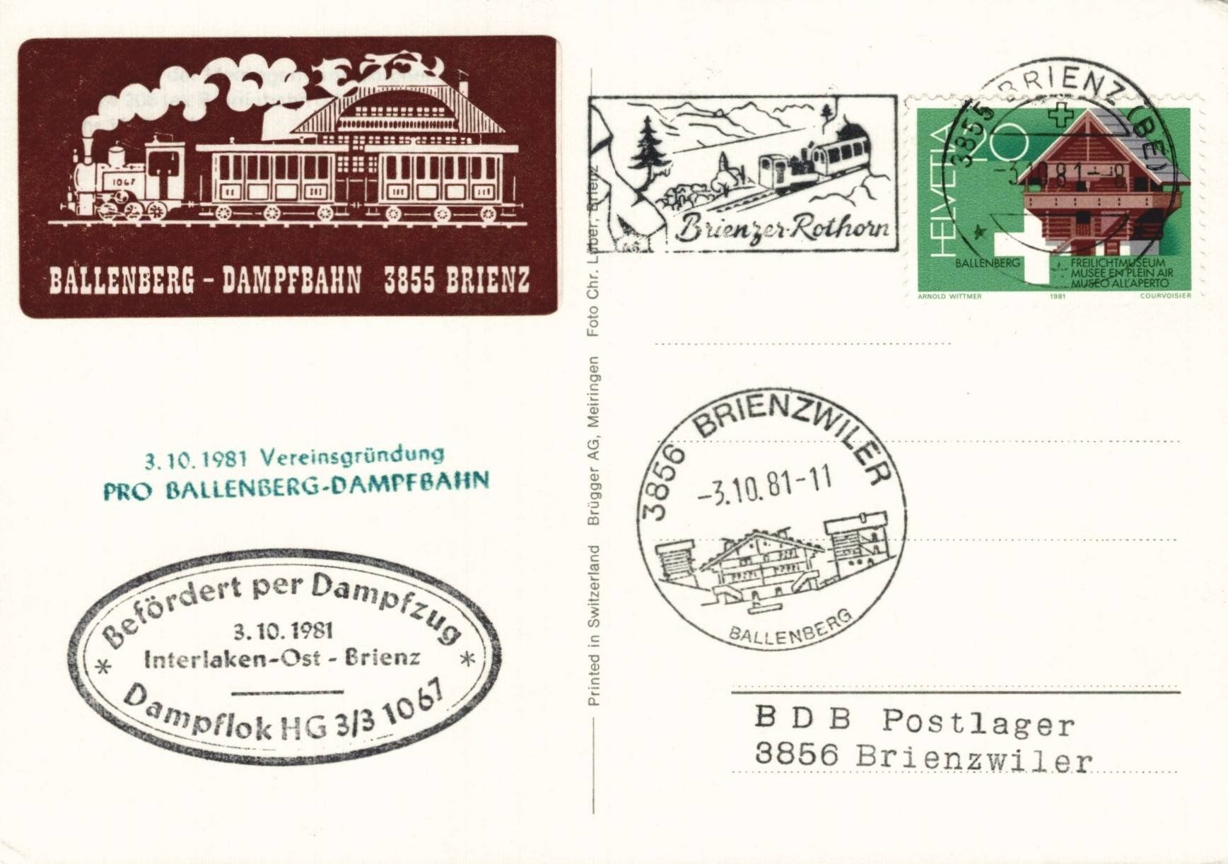 Cartoline postali: Originale Ansichtskarte Ballenberg Dampfbahn, 1981 Brienz – Usato da Luzern venduto da Kartenansicht 1
