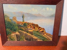 Peinture paysage lac village ancien signé