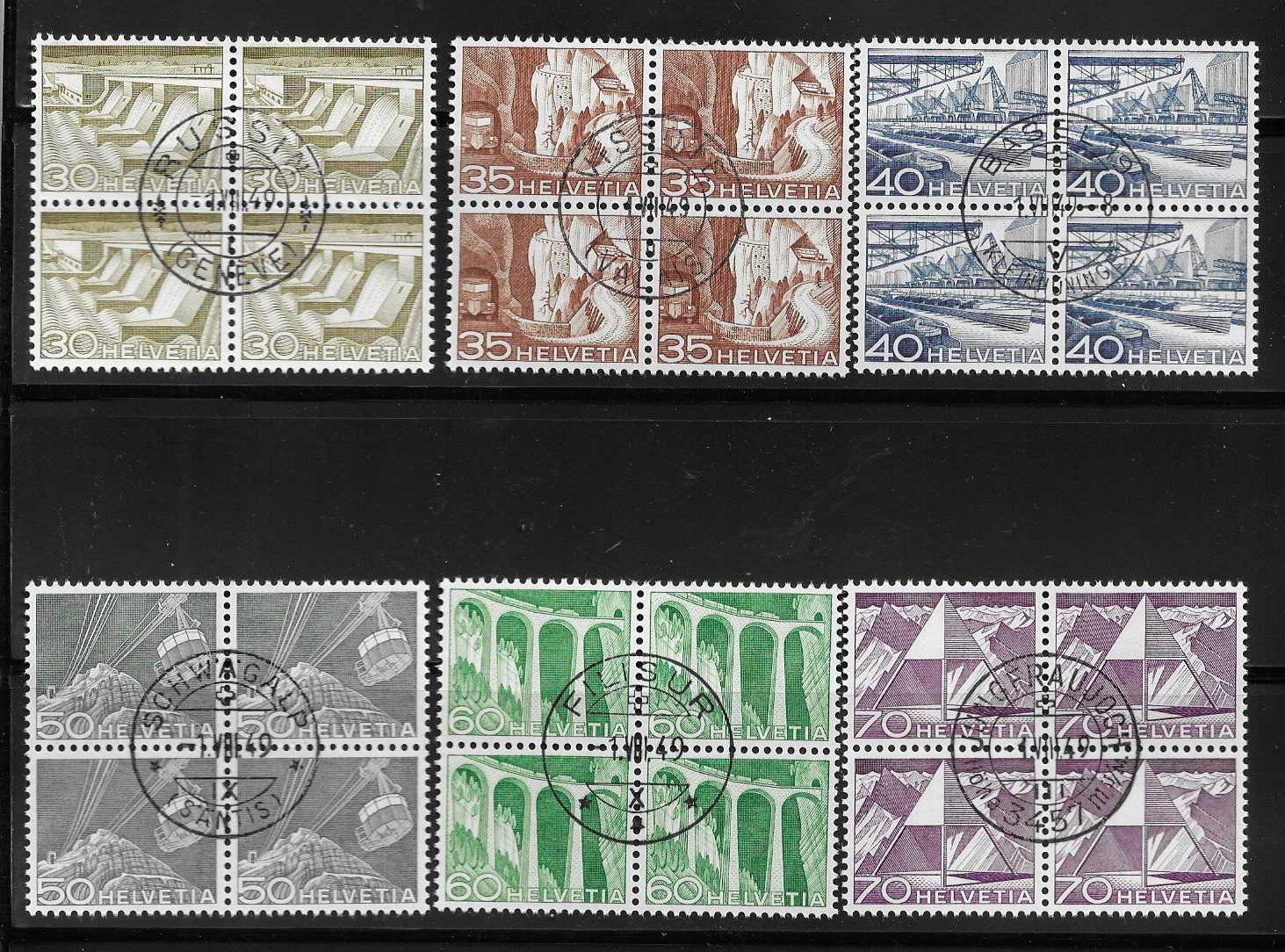 Tutti i francobolli: SATZ TECHNIK + LANDSCHAFT 1949 VIERERBLOCK ET ORTSSTEMPEL – Usato da Schlossrued venduto da Aronliam 1