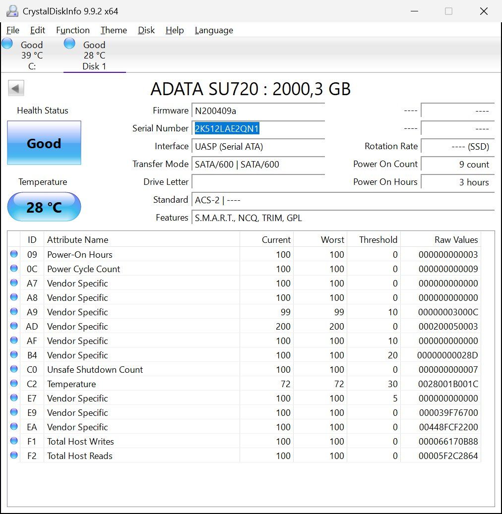 Disques durs: ADATA SSD SU720 3D NAND 2.5", 2 TB – D'occasion à Vuisternens en Ogoz par rad_gj5p 1