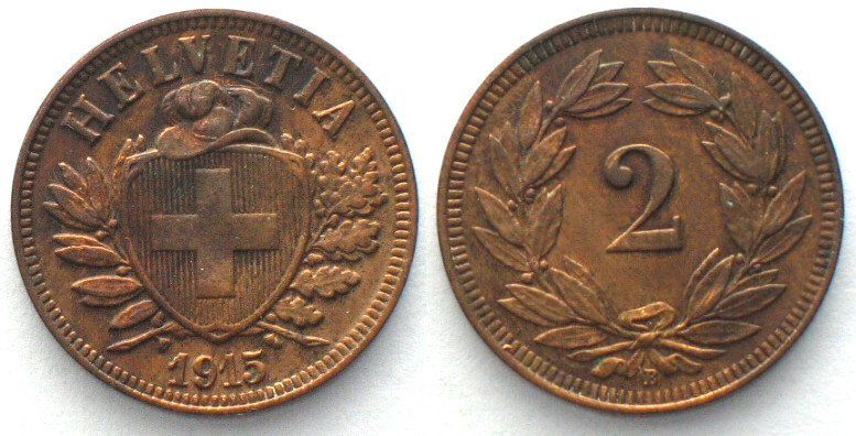 Alle Münzen: EIDGENOSSENSCHAFT 2 Rappen 1915 Bronze vz – Gebraucht aus Riehen von sesambestcoins2004