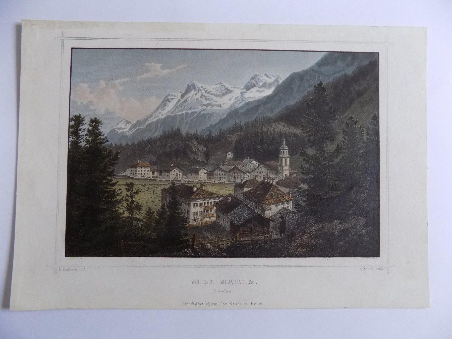 Incisioni: Sils Maria Engadin kolorierter Stahlstich Rohbock – Usato da Risch venduto da Antikfee 1