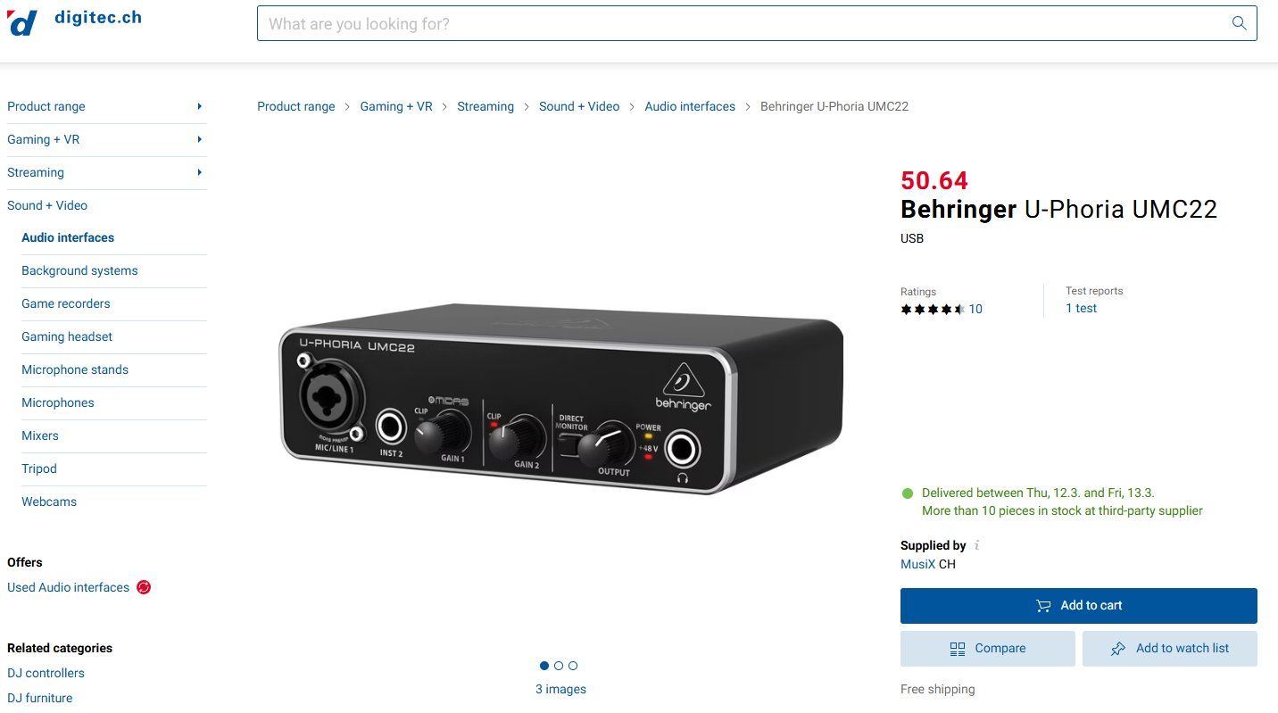 Behringer Attrezzatura per studi di registrazione: Behringer U-Phoria UMC22 Audio Interface – Usato da Geneve venduto da T36