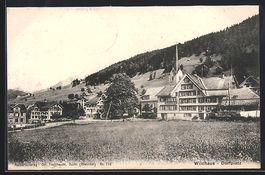 Wildhaus, Dorfplatz-Panorama mit Kirche 