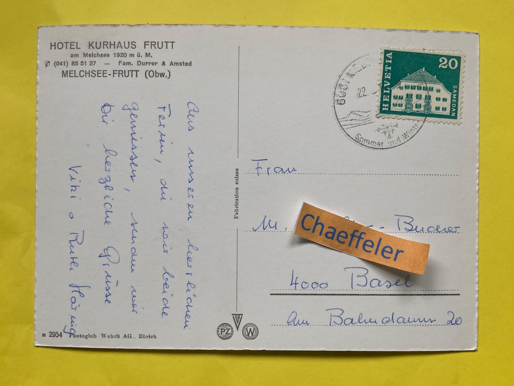 Cartes postales: Hotel Kurhaus Frutt am Melchsee – D'occasion à Zürich par Chaeffeler 1