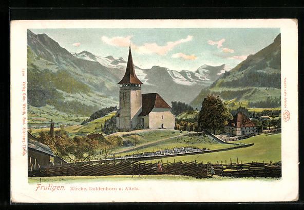 Cartoline postali: Frutigen, Kirche, Doldenhorn und Altels – Usato da Berlin venduto da bartko-reher