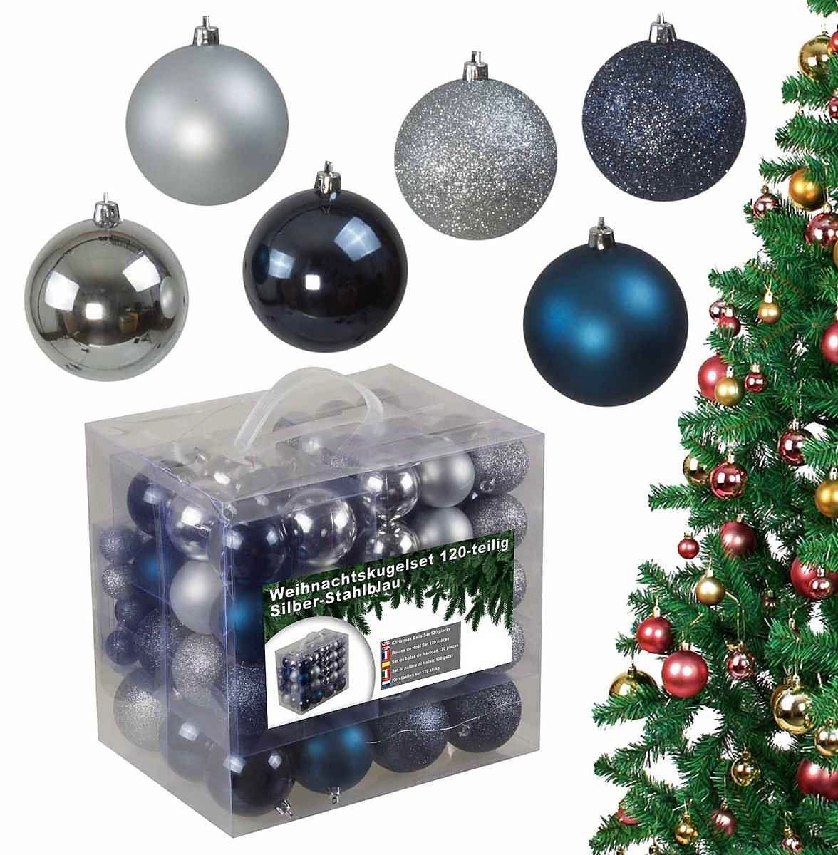 Tutte le decorazioni: Riesen Weihnachtskugelset 120 teilig Silber/Stahlblau – Nuovo e nell'imballaggio originale da Basel venduto da Seifehuesli