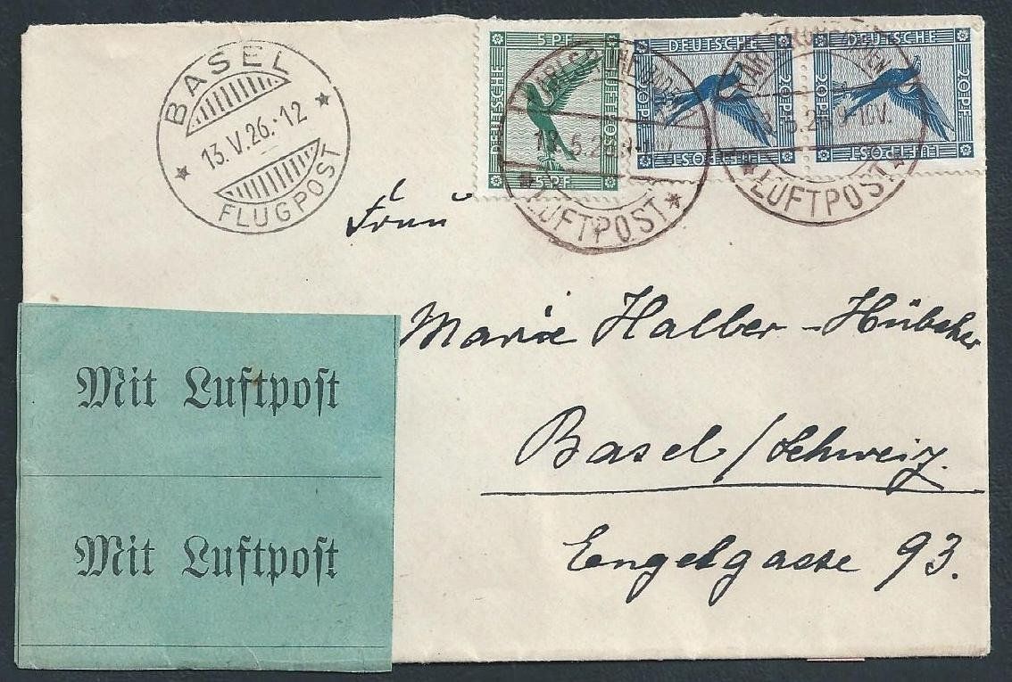 Alle Briefmarken: Flugpost Schweiz 1926  Karlsruhe Basel Luftpost – Gebraucht aus Au ZH von xelagreb01