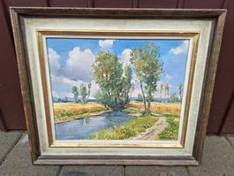 Ölgemälde G. Wasem, 1960, Landschaft am Bach im Sommer