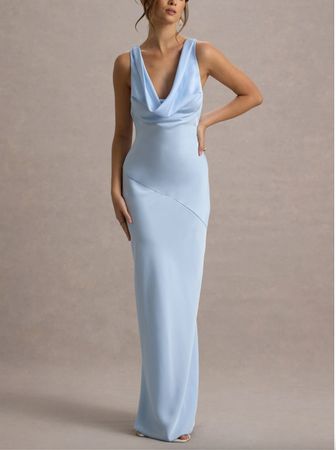 Puderblaues Satin-Slip-Maxikleid mit Wasserfallausschnitt