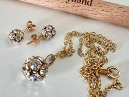 Vintage SchmuckSet vergoldet Strasskugeln–Kette & Ohrstecker