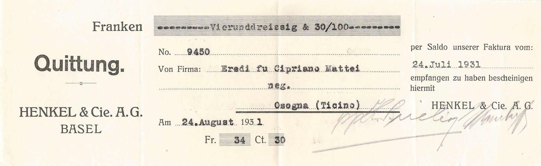 Cartoline postali: Henkel & cie Basel Kambiale cheques – Usato da Biasca venduto da Blenio71