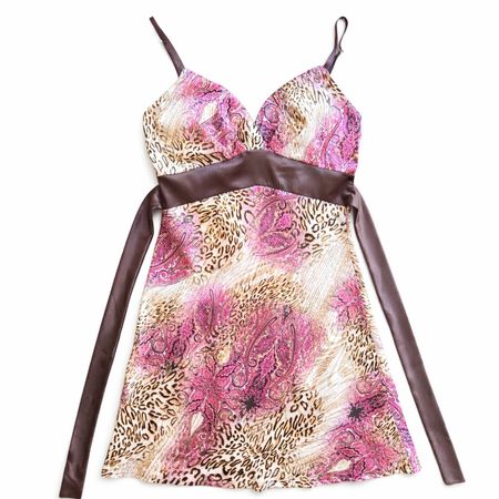 Elegantes Sommerkleid Pink-Braun mit Satinband