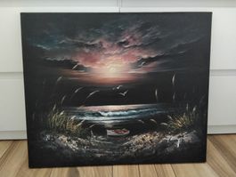 Gemälde Mondschein Meer mit Boot und Vögeln signiert
