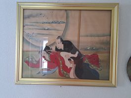 Estampe érotique japonaise Shunga, cadre doré, rare!