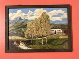 Bild "Herbstliche Alpenlandschaft mit Haus", Öl auf Holz.