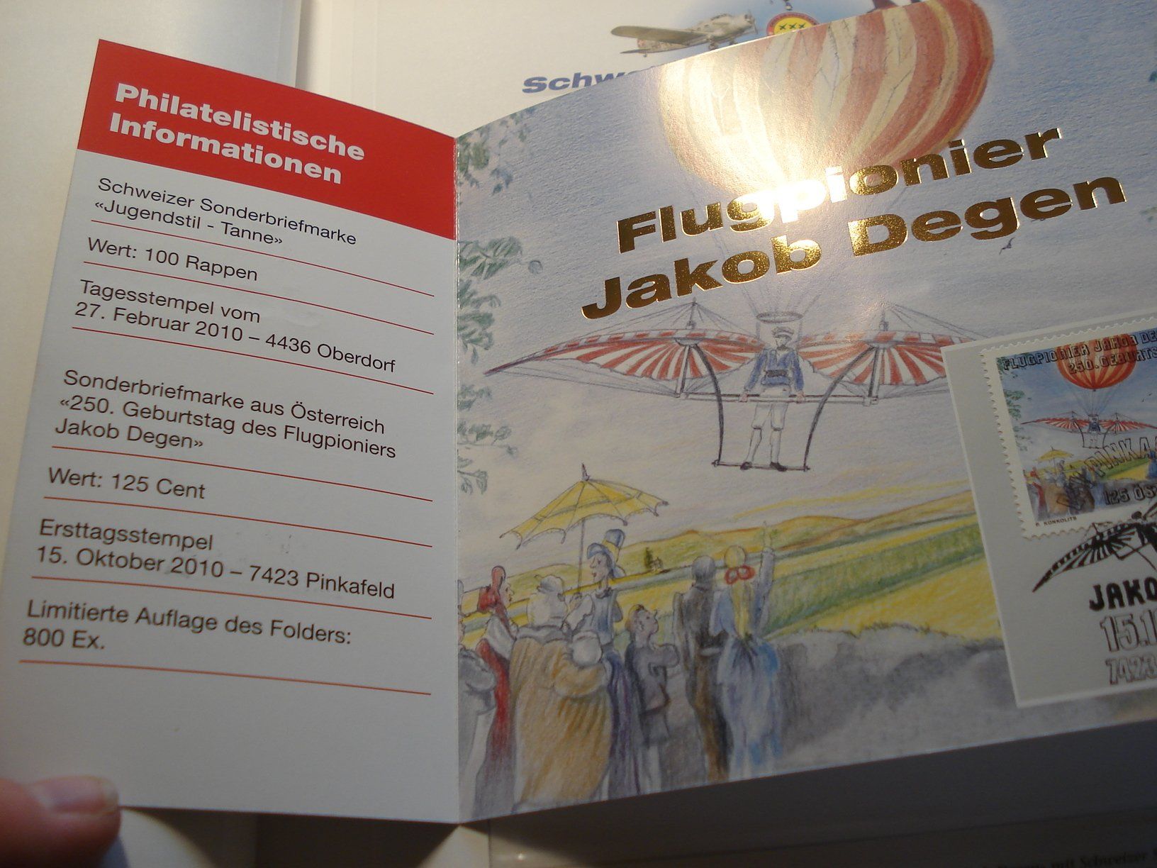 Tous les timbres: Folder 2010, Flugpionier Jakob Degen, – D'occasion à Niederwil AG par morostahu 1